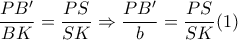 \dfrac{PB'}{BK} = \dfrac{PS}{SK} \Rightarrow  \dfrac{PB'}{b}= \dfrac{PS}{SK}(1)