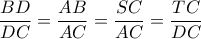 \displaystyle{\dfrac {BD}{DC}=  \dfrac {AB}{AC}= \dfrac {SC}{AC}= \dfrac {TC}{DC}}