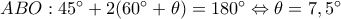 ABO:{45^ \circ } + 2({60^ \circ } + \theta ) = {180^ \circ } \Leftrightarrow \theta = {7,5^ \circ } ABO:{45^ \circ } + 2({60^ \circ } + \theta ) = {180^ \circ } \Leftrightarrow \theta = {7,5^ \circ }
