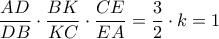 \dfrac{AD}{DB}\cdot\dfrac{BK}{KC}\cdot \dfrac{CE}{EA}=\dfrac{3}{2}\cdot k=1