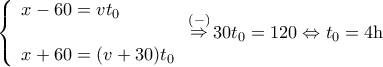 \displaystyle \left\{ \begin{array}{l} 
x - 60 = v{t_0}\\ 
\\ 
x + 60 = (v + 30){t_0} 
\end{array} \right.\mathop  \Rightarrow \limits^{( - )} 30{t_0} = 120 \Leftrightarrow {t_0} = 4{\rm{h}}