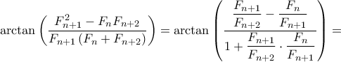 \arctan \left( \dfrac {F_{n+1}^2 -F_nF_{n+2}}{F_{n+1} \left( F_{n} + F_{n+2} \right)} \right ) = \arctan \left(\dfrac {\dfrac {F_{n+1} }{F_{n+2} }-\dfrac  { F_n}{F_{n+1}}}{1+ \dfrac {F_{n+1}} {F_{n+2}}  \cdot \dfrac {F_{n}} {F_{n+1}}  }\right ) = 