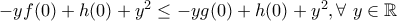 -yf(0)+h(0)+y^2\leq -yg(0)+h(0)+y^2, \forall \ y\in\mathbb{R}