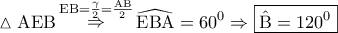 \displaystyle{ 
\vartriangle {\rm A}{\rm E}{\rm B}\mathop  \Rightarrow \limits^{{\rm E}{\rm B} = \frac{\gamma } 
{2} = \frac{{{\rm A}{\rm B}}} 
{2}} \widehat{{\rm E}{\rm B}{\rm A}} = 60^0  \Rightarrow \boxed{\hat {\rm B} = 120^0 } 
}