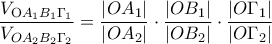 \displaystyle{\frac{{{V_{{\rm O}{A_1}{B_1}{\Gamma _1}}}}}{{{V_{O{A_2}{B_2}{\Gamma _2}}}}} = \frac{{\left| {O{A_1}} \right|}}{{\left| {O{A_2}} \right|}} \cdot \frac{{\left| {O{B_1}} \right|}}{{\left| {O{B_2}} \right|}} \cdot \frac{{\left| {O{\Gamma _1}} \right|}}{{\left| {O{\Gamma _2}} \right|}}} \displaystyle{\frac{{{V_{{\rm O}{A_1}{B_1}{\Gamma _1}}}}}{{{V_{O{A_2}{B_2}{\Gamma _2}}}}} = \frac{{\left| {O{A_1}} \right|}}{{\left| {O{A_2}} \right|}} \cdot \frac{{\left| {O{B_1}} \right|}}{{\left| {O{B_2}} \right|}} \cdot \frac{{\left| {O{\Gamma _1}} \right|}}{{\left| {O{\Gamma _2}} \right|}}}