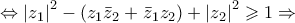 \Leftrightarrow {\left| {{z_1}} \right|^2} - \left( {{z_1}{{\bar z}_2} + {{\bar z}_1}{z_2}} \right) + {\left| {{z_2}} \right|^2} \geqslant 1 \Rightarrow
