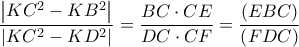 \dfrac{\left | KC^2-KB^2 \right |}{\left |KC^2-KD^2 \right |}=\dfrac{BC\cdot CE}{DC\cdot CF}=\dfrac{\left ( EBC \right )}{\left ( FDC \right )} \dfrac{\left | KC^2-KB^2 \right |}{\left |KC^2-KD^2 \right |}=\dfrac{BC\cdot CE}{DC\cdot CF}=\dfrac{\left ( EBC \right )}{\left ( FDC \right )}