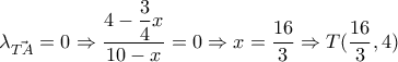   \lambda _{ \vec{TA} }=0 \Rightarrow  \dfrac{4- \dfrac{3}{4}x }{ 10-x} =0 \Rightarrow x= \dfrac{16}{3}   \Rightarrow T(\dfrac{16}{3},4)