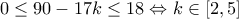 0\leq 90-17k \leq 18 \Leftrightarrow  
k\in [2,5]