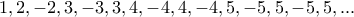 \displaystyle{1,2,-2,3,-3,3,4,-4,4,-4,5,-5,5,-5,5,...} \displaystyle{1,2,-2,3,-3,3,4,-4,4,-4,5,-5,5,-5,5,...}