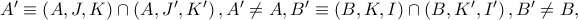 {A}'\equiv \left( A,J,K \right)\cap \left( A,{J}',{K}' \right),{A}'\ne A,{B}'\equiv \left( B,K,I \right)\cap \left( B,{K}',{I}' \right),{B}'\ne B,