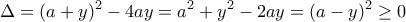 \displaystyle{\Delta=(a+y)^2-4ay=a^2+y^2-2ay=(a-y)^2\geq 0}