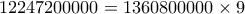12247200000 = 1360800000 \times 9 12247200000 = 1360800000 \times 9