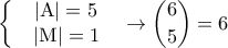  \left\{\begin{matrix} &\rm  \left | A \right |=5 & \\ & \left \rm | M \right | =1& \end{matrix}\right.\rightarrow \dbinom{6}{5}=6