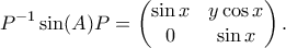 \displaystyle{ P^{-1}\sin(A)P = \begin{pmatrix} \sin{x} & y \cos{x}\\ 0 & \sin{x}\end{pmatrix}.}
