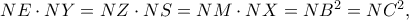 NE \cdot NY=NZ \cdot NS=NM \cdot NX=NB^2=NC^2,