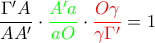   \dfrac {\Gamma 'A}{AA'} \cdot   {\color  {green}\dfrac {A'a}{aO} }\cdot  {\color  {red} \dfrac {O\gamma }{\gamma \Gamma '} }=1
