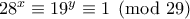 28^x\equiv 19^y\equiv 1 \pmod{29}