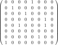\displaystyle{\displaystyle  \left( \begin{array}{cccccccc} 0 & 0 & 0 & 0 & 1 & 0 & 0 & 0 \\ 0 & 1 & 0 & 0 & 0 & 0 & 0 & 0 \\ 0 & 0 & 0 & 1 & 0 & 0 & 0 & 0 \\ 0 & 0 & 0 & 0 & 0 & 0 & 1 & 0 \\ 0 & 0 & 1 & 0 & 0 & 0 & 1 & 0 \\ 0 & 0 & 0 & 0 & 0 & 0 & 0 & 0 \\ 0 & 0 & 0 & 0 & 0 & 1 & 0 & 0 \\ 1 & 0 & 0 & 0 & 0 & 0 & 0 & 0 \end{array} \right)}