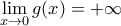 \displaystyle{ 
\mathop {\lim }\limits_{x \to 0} g(x) =  + \infty  
}