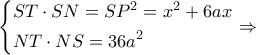 \displaystyle \left\{ \begin{gathered} 
  ST \cdot SN = S{P^2} = {x^2} + 6ax \hfill \\ 
  NT \cdot NS = 36{a^2} \hfill \\  
\end{gathered}  \right. \Rightarrow 