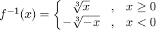 f^{-1}(x)=\left\{\begin{matrix} 
 \sqrt[3]{x}& , &x\geq 0 \\  
 -\sqrt[3]{-x}&,  &x<0  
\end{matrix}\right.