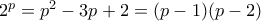 2^p=p^2-3p+2=(p-1)(p-2)