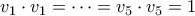 \displaystyle  v_1 \cdot v_1 = \cdots = v_5 \cdot v_5 = 1