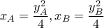 {{x}_{A}}=\dfrac{y_{A}^{2}}{4},{{x}_{B}}=\dfrac{y_{B}^{2}}{4}