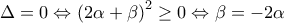 \Delta  = 0 \Leftrightarrow {\left( {2\alpha  + \beta } \right)^2} \ge 0 \Leftrightarrow \beta  =  - 2\alpha