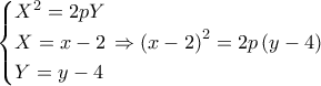 \left\{ \begin{gathered} 
  {X^2} = 2pY \hfill \\ 
  X = x - 2 \hfill \\ 
  Y = y - 4 \hfill \\  
\end{gathered}  \right. \Rightarrow {\left( {x - 2} \right)^2} = 2p\left( {y - 4} \right)