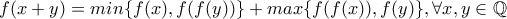 \displaystyle{f(x+y)=min\{f(x),f(f(y))\}+max\{f(f(x)),f(y)\}, \forall x,y \in \mathbb{Q}} \displaystyle{f(x+y)=min\{f(x),f(f(y))\}+max\{f(f(x)),f(y)\}, \forall x,y \in \mathbb{Q}}