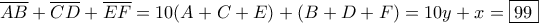 \overline{AB}+\overline{CD}+\overline{EF}=10(A+C+E)+(B+D+F)=10y+x= \boxed{99}