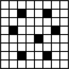 \begin{tikzpicture}[scale=0.6,line cap=round,line join=round,>=triangle 45,x=1.0cm,y=1.0cm] 
\clip(-0.6,-0.56) rectangle (9.04,8.52); 
\fill[line width=2.pt,fill=black,fill opacity=1.0] (2.,2.) -- (2.,1.) -- (3.,1.) -- (3.,2.) -- cycle; 
\fill[line width=2.pt,fill=black,fill opacity=1.0] (1.,5.) -- (1.,4.) -- (2.,4.) -- (2.,5.) -- cycle; 
\fill[line width=2.pt,fill=black,fill opacity=1.0] (2.,7.) -- (2.,6.) -- (3.,6.) -- (3.,7.) -- cycle; 
\fill[line width=2.pt,fill=black,fill opacity=1.0] (4.,4.) -- (4.,3.) -- (5.,3.) -- (5.,4.) -- cycle; 
\fill[line width=2.pt,fill=black,fill opacity=1.0] (5.,2.) -- (5.,1.) -- (6.,1.) -- (6.,2.) -- cycle; 
\fill[line width=2.pt,fill=black,fill opacity=1.0] (6.,5.) -- (6.,4.) -- (7.,4.) -- (7.,5.) -- cycle; 
\fill[line width=2.pt,fill=black,fill opacity=1.0] (5.,7.) -- (5.,6.) -- (6.,6.) -- (6.,7.) -- cycle; 
\draw [line width=2.pt] (0.,8.)-- (0.,0.); 
\draw [line width=2.pt] (0.,0.)-- (8.,0.); 
\draw [line width=2.pt] (0.,1.)-- (8.,1.); 
\draw [line width=2.pt] (0.,2.)-- (8.,2.); 
\draw [line width=2.pt] (8.,3.)-- (0.,3.); 
\draw [line width=2.pt] (0.,4.)-- (8.,4.); 
\draw [line width=2.pt] (8.,5.)-- (0.,5.); 
\draw [line width=2.pt] (0.,6.)-- (8.,6.); 
\draw [line width=2.pt] (8.,7.)-- (0.,7.); 
\draw [line width=2.pt] (0.,8.)-- (8.,8.); 
\draw [line width=2.pt] (8.,8.)-- (8.,0.); 
\draw [line width=2.pt] (1.,0.)-- (1.,8.); 
\draw [line width=2.pt] (2.,8.)-- (2.,0.); 
\draw [line width=2.pt] (3.,0.)-- (3.,8.); 
\draw [line width=2.pt] (4.,8.)-- (4.,0.); 
\draw [line width=2.pt] (5.,0.)-- (5.,8.); 
\draw [line width=2.pt] (6.,8.)-- (6.,0.); 
\draw [line width=2.pt] (7.,0.)-- (7.,8.); 
\draw [line width=2.pt] (2.,2.)-- (2.,1.); 
\draw [line width=2.pt] (2.,1.)-- (3.,1.); 
\draw [line width=2.pt] (3.,1.)-- (3.,2.); 
\draw [line width=2.pt] (3.,2.)-- (2.,2.); 
\draw [line width=2.pt] (1.,5.)-- (1.,4.); 
\draw [line width=2.pt] (1.,4.)-- (2.,4.); 
\draw [line width=2.pt] (2.,4.)-- (2.,5.); 
\draw [line width=2.pt] (2.,5.)-- (1.,5.); 
\draw [line width=2.pt] (2.,7.)-- (2.,6.); 
\draw [line width=2.pt] (2.,6.)-- (3.,6.); 
\draw [line width=2.pt] (3.,6.)-- (3.,7.); 
\draw [line width=2.pt] (3.,7.)-- (2.,7.); 
\draw [line width=2.pt] (4.,4.)-- (4.,3.); 
\draw [line width=2.pt] (4.,3.)-- (5.,3.); 
\draw [line width=2.pt] (5.,3.)-- (5.,4.); 
\draw [line width=2.pt] (5.,4.)-- (4.,4.); 
\draw [line width=2.pt] (5.,2.)-- (5.,1.); 
\draw [line width=2.pt] (5.,1.)-- (6.,1.); 
\draw [line width=2.pt] (6.,1.)-- (6.,2.); 
\draw [line width=2.pt] (6.,2.)-- (5.,2.); 
\draw [line width=2.pt] (6.,5.)-- (6.,4.); 
\draw [line width=2.pt] (6.,4.)-- (7.,4.); 
\draw [line width=2.pt] (7.,4.)-- (7.,5.); 
\draw [line width=2.pt] (7.,5.)-- (6.,5.); 
\draw [line width=2.pt] (5.,7.)-- (5.,6.); 
\draw [line width=2.pt] (5.,6.)-- (6.,6.); 
\draw [line width=2.pt] (6.,6.)-- (6.,7.); 
\draw [line width=2.pt] (6.,7.)-- (5.,7.); 
\end{tikzpicture}