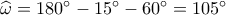\widehat {{\omega _{}}} = 180^\circ  - 15^\circ  - 60^\circ  = 105^\circ 