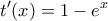 \displaystyle {t}'(x)=1-{{e}^{x}}