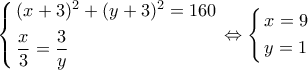 \left\{ \begin{gathered} 
  {(x + 3)^2} + {(y + 3)^2} = 160 \hfill \\ 
  \frac{x}{3} = \frac{3}{y} \hfill \\  
\end{gathered}  \right. \Leftrightarrow \left\{ \begin{gathered} 
  x = 9 \hfill \\ 
  y = 1 \hfill \\  
\end{gathered}  \right.\,\,\,