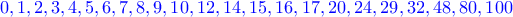 \color{blue}0,1,2,3,4,5,6,7,8,9,10,12,14,15,16,17,20,24,29,32,48,80,100