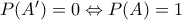 P(A')=0 \Leftrightarrow P(A)=1