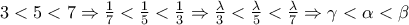 3<5<7\Rightarrow \frac{1}{7}<\frac{1}{5}<\frac{1}{3}\Rightarrow\frac{\lambda }{3} <\frac{\lambda }{5}<\frac{\lambda }{7}\Rightarrow \gamma <\alpha <\beta
