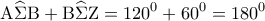 \displaystyle{{\rm A}\widehat \Sigma {\rm B} + {\rm B}\widehat \Sigma {\rm Z} = {120^0} + {60^0} = {180^0}}