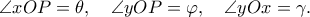 \angle xOP = \theta ,\quad \angle yOP = \varphi ,\quad \angle yOx = \gamma .