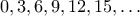 0,3,6,9,12,15,\ldots
