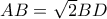 AB=\sqrt{2}BD