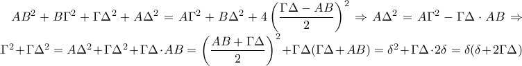 AB^2+B\Gamma^2+\Gamma \Delta ^2+A\Delta ^2=A\Gamma ^2+B\Delta ^2+4\left(\dfrac{\Gamma \Delta-AB}{2}\right)^2 \Rightarrow  
A\Delta ^2=A\Gamma ^2 -\Gamma \Delta \cdot AB  \Rightarrow  A\Gamma ^2+\Gamma \Delta ^2=A\Delta ^2+\Gamma \Delta ^2+\Gamma \Delta \cdot AB=\left(\dfrac{AB+\Gamma \Delta}{2}\right)^2 +\Gamma \Delta(\Gamma \Delta +AB)=\delta ^2+\Gamma \Delta\cdot 2\delta=\delta(\delta+2\Gamma\Delta)