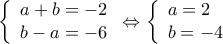  \displaystyle \left\{ \begin{array}{l} 
a + b =  - 2\\ 
b - a =  - 6 
\end{array} \right. \Leftrightarrow \left\{ \begin{array}{l} 
a = 2\\ 
b =  - 4 
\end{array} \right.