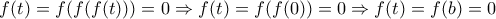 \displaystyle{f(t)=f(f(f(t)))=0\Rightarrow f(t)=f(f(0))=0\Rightarrow f(t)=f(b)=0}