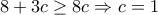 \displaystyle{8+3c\geq 8c\Rightarrow c=1}