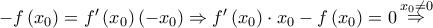 - f\left( {x_0 } \right) = f'\left( {x_0 } \right)\left( { - x_0 } \right) \Rightarrow f'\left( {x_0 } \right) \cdot x_0  - f\left( {x_0 } \right) = 0\mathop  \Rightarrow \limits^{x_0  \ne 0}