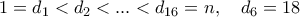1 = d_1 < d_2 < ... < d_{16} = n, \  \ \ d_6 = 18 \ 